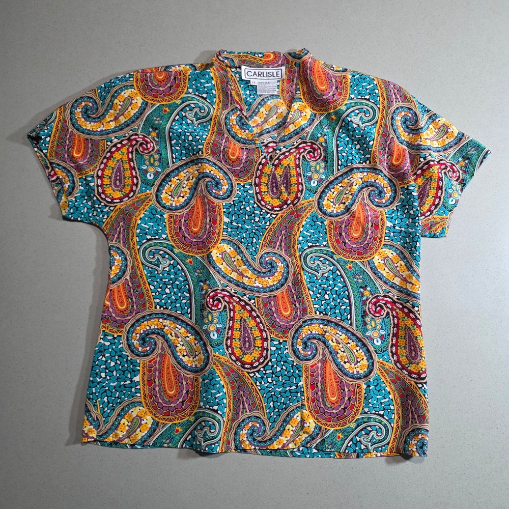 Carlisle Women 100% Silk Paisley Print Short Sleeve Blouse Teal Multi Sz 12